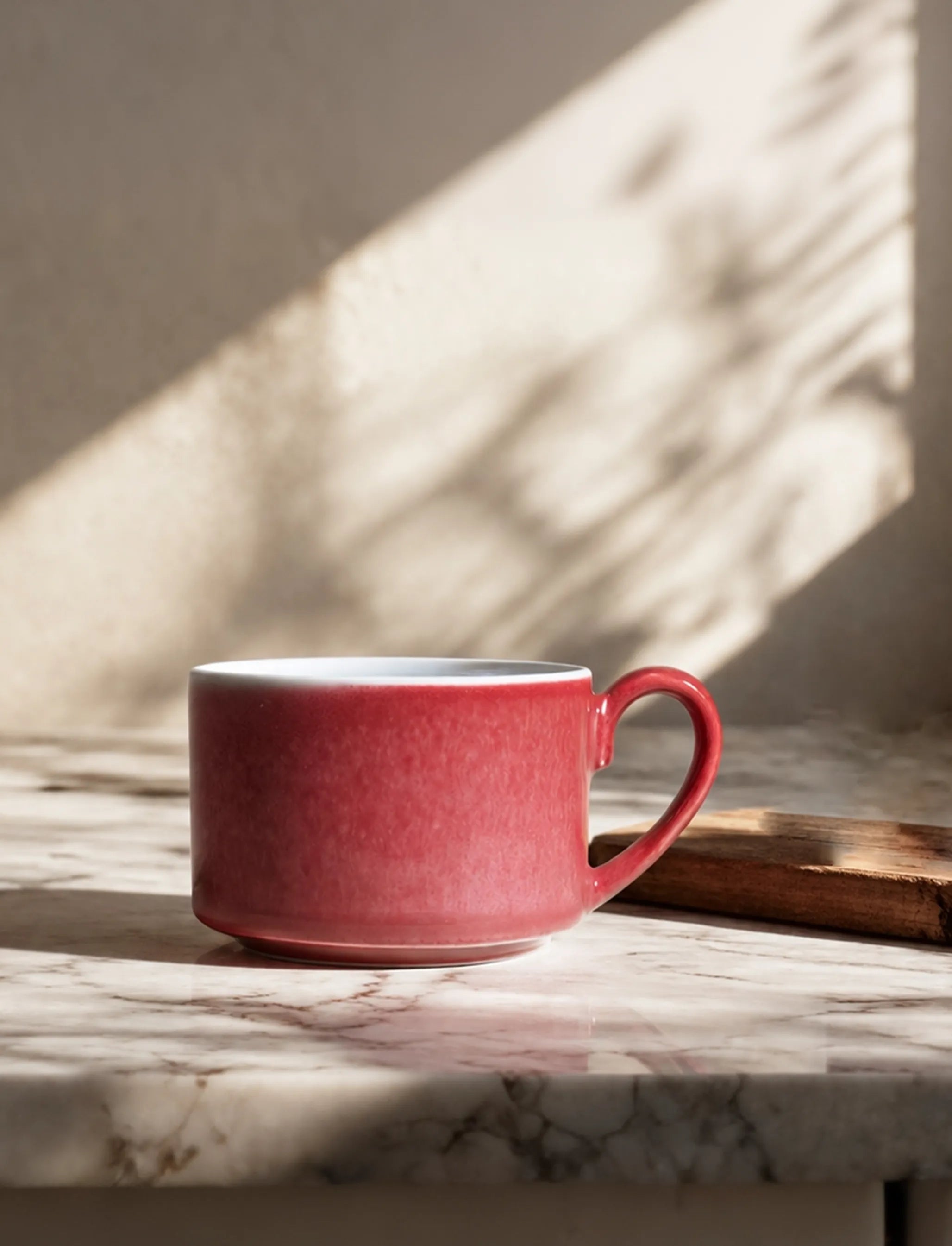 SaraGaia peach blossom espresso cup on a marble counter. Elegant morning ritual.