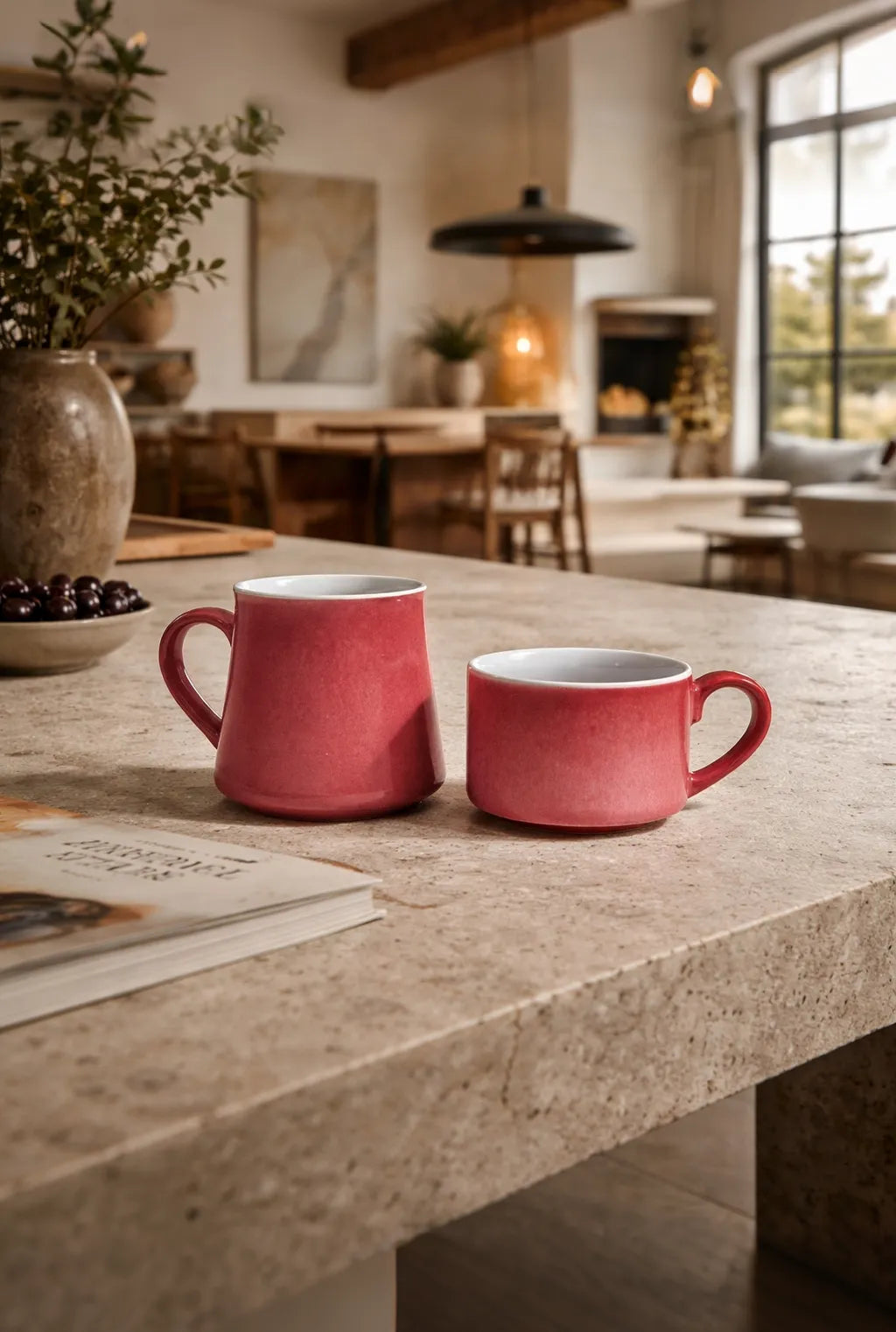 Master-made Saragaia peach bloom red ceramic mugs in a cozy, wabi-sabi style interior.