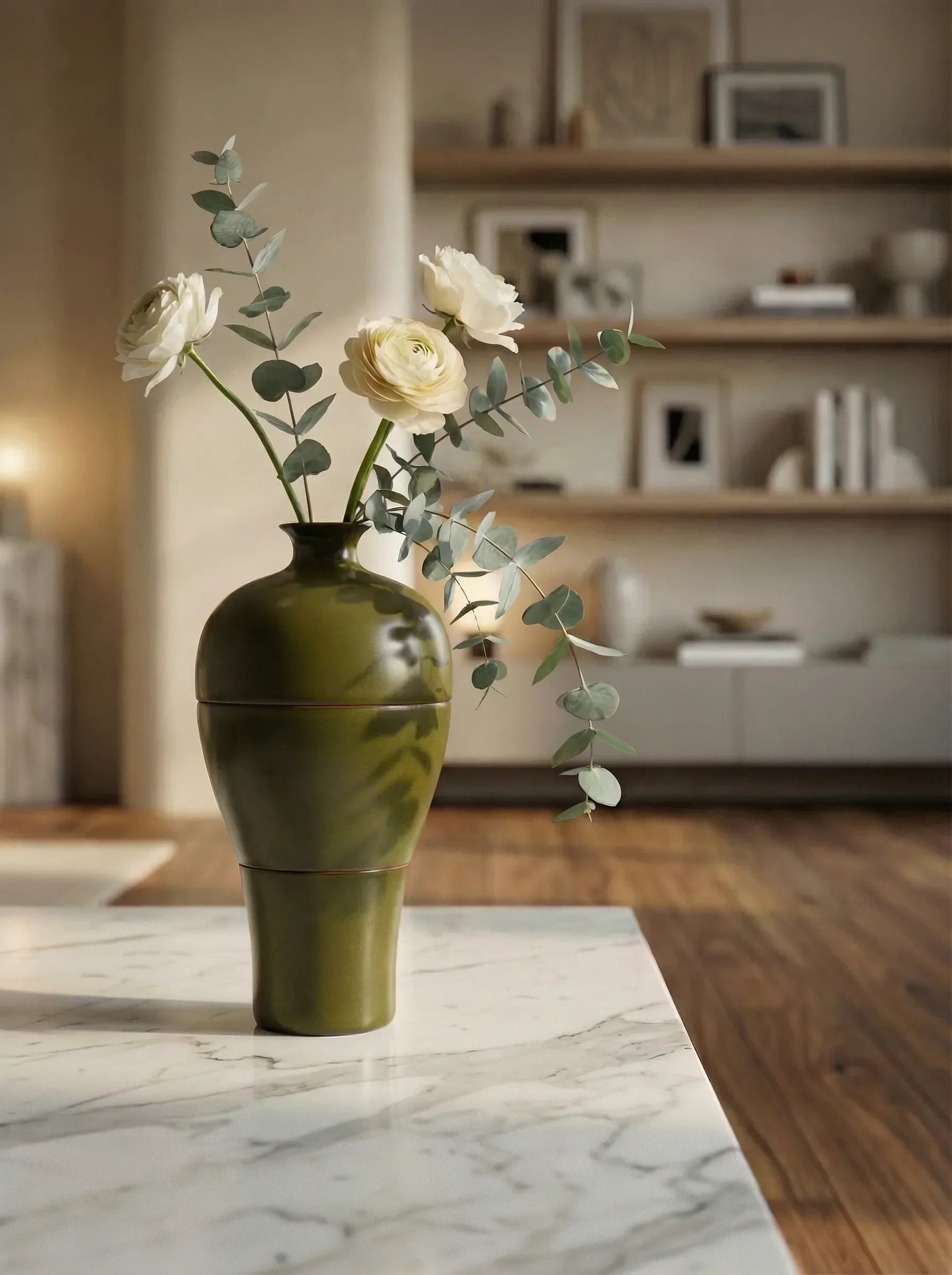 Tea-Dust Glaze porcelain vase with vintage matte finish, holding white ranunculus and eucalyptus on a marble table. Capturing the elegant Zen-inspired home decor artistry of a 72-step handcrafted masterpiece.