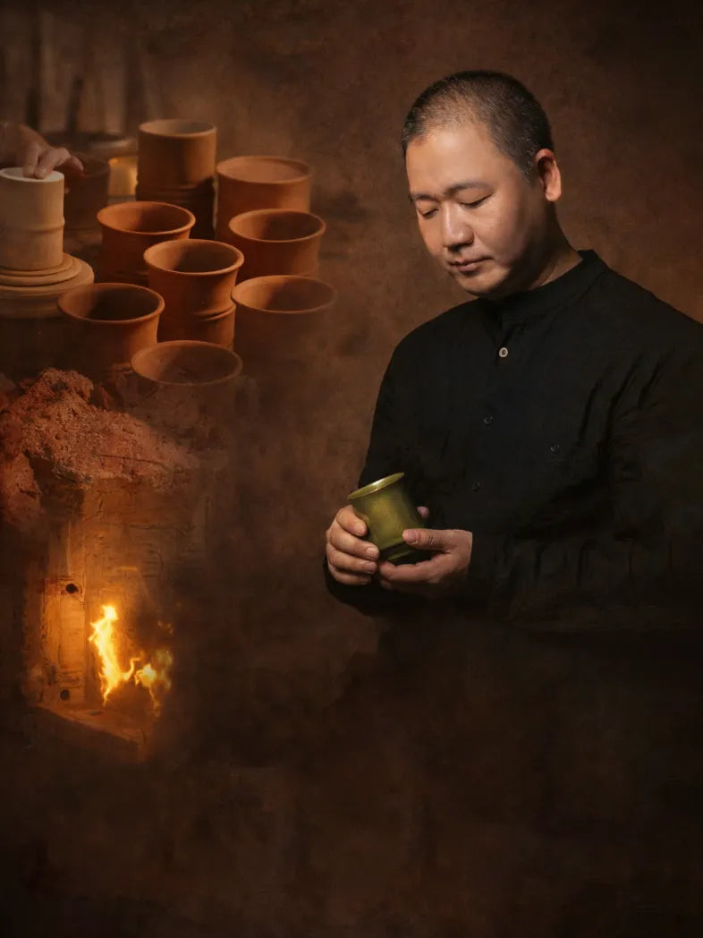 Saragaia ceramic artist holding a handcrafted green teacup, surrounded by stacked raw clay vessels and a burning kiln fire.