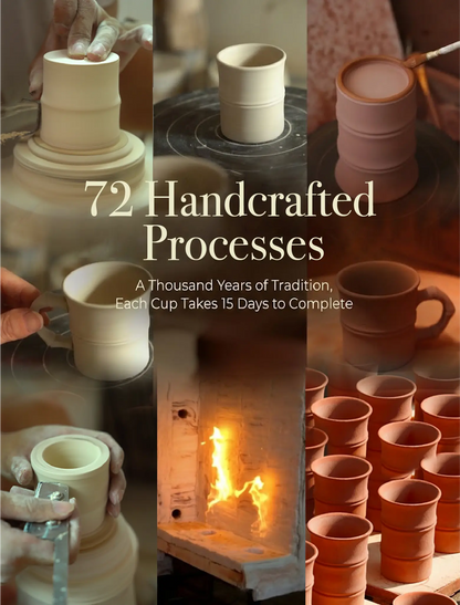 A photo collage showing the 72 handcrafted processes of traditional ceramic making, with text reading A Thousand Years of Tradition, Each Cup Takes 15 Days to Complete.