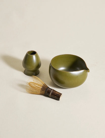 Traditional Matcha bowl with bamboo whisk. Artisanal Tea-Dust glaze finish.