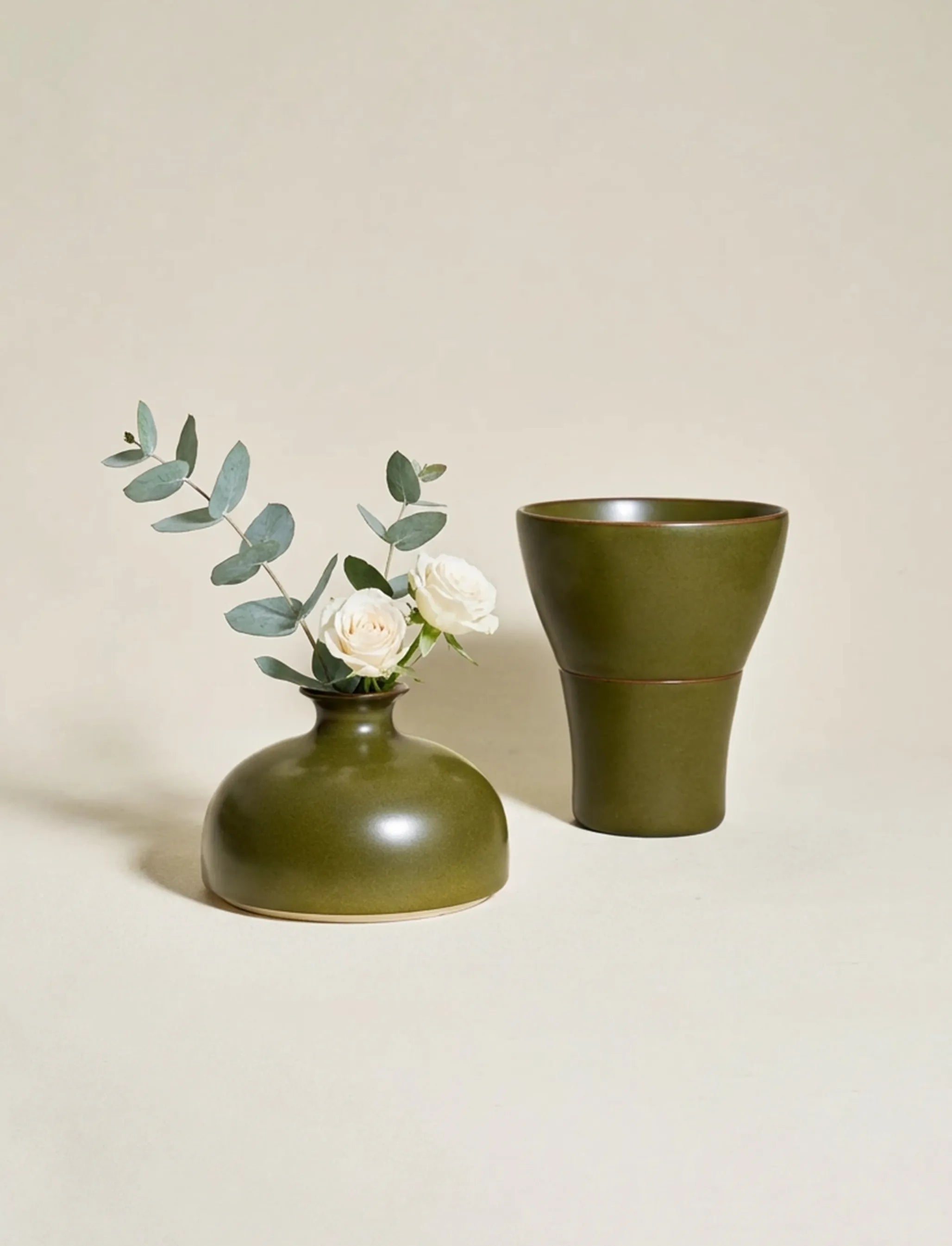 SaraGaia stackable vase set, the upper part detached for single eucalyptus display. Modular home decor.