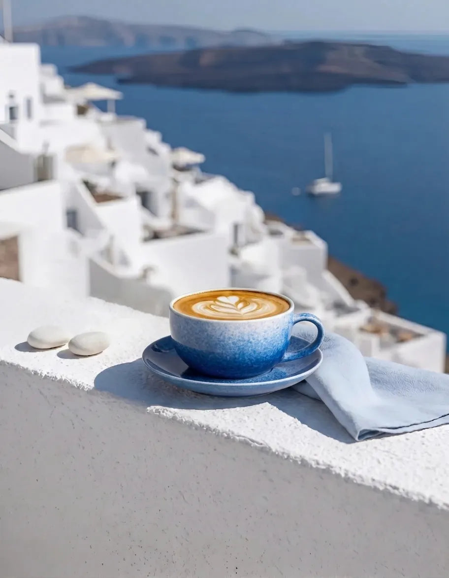 SaraGaia blue porcelain coffee cup with saucer on a terrace, showcasing luxury resort lifestyle.
