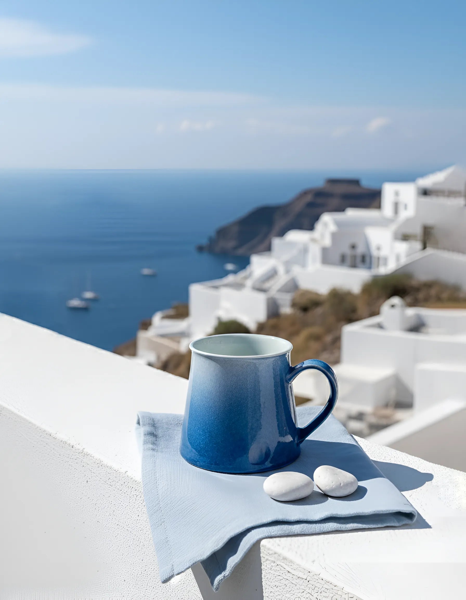 SaraGaia blue porcelain mug on a seaside terrace, overlooking the ocean for luxury resort living.
