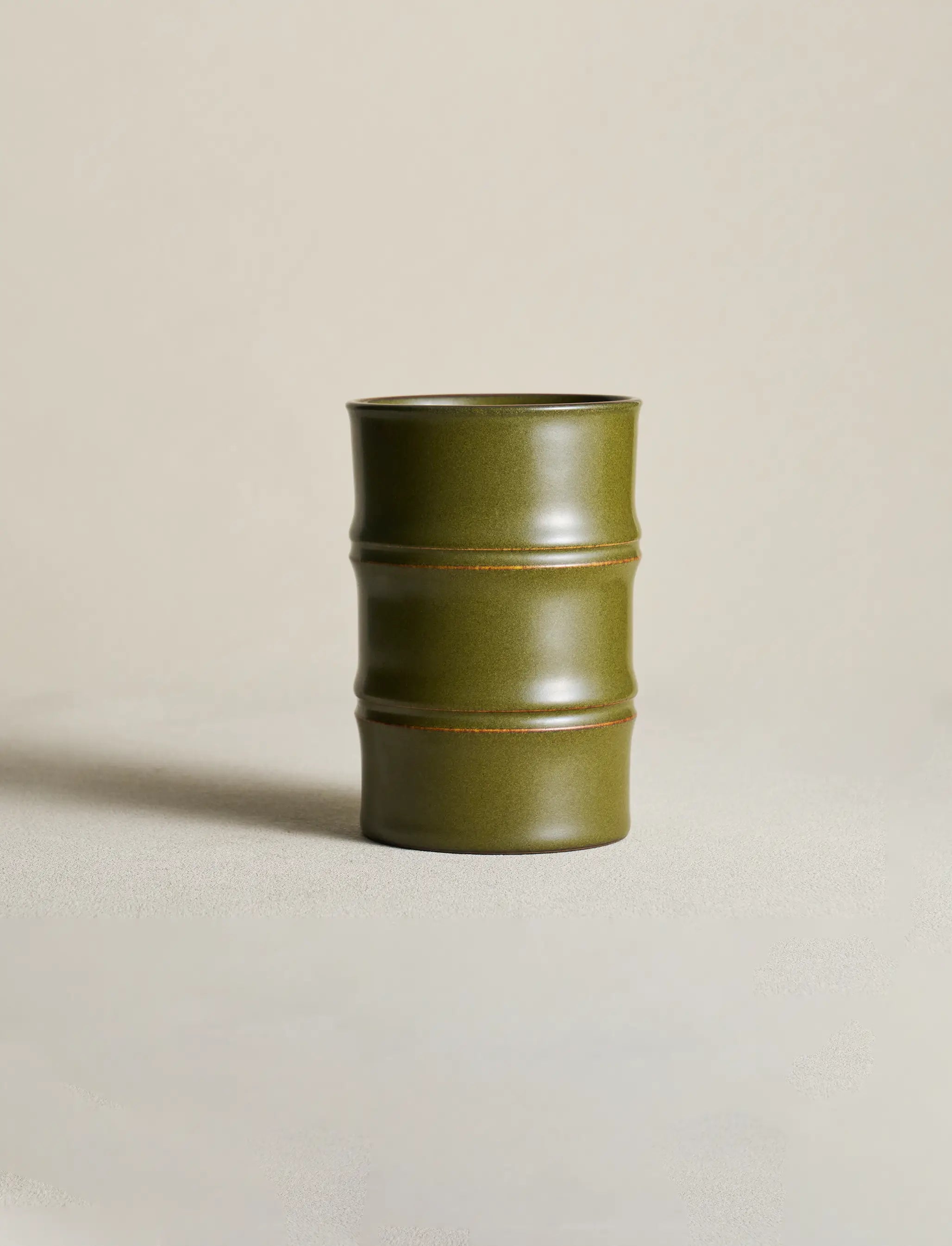 SaraGaia Tea-Dust Glaze tall bamboo-shaped porcelain cup, featuring a minimalist vertical silhouette and artisanal matte finish. Hand-thrown Jingdezhen ceramic designed for a premium tea or coffee experience.