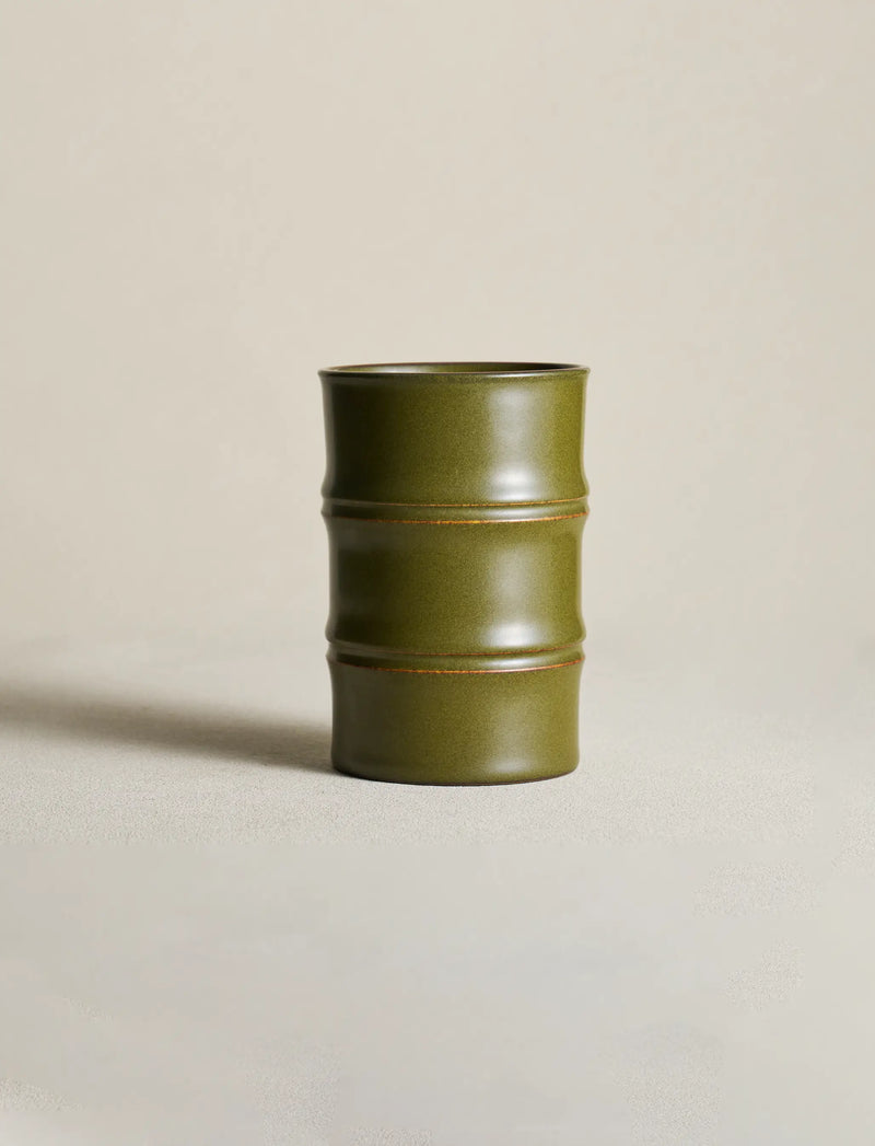 SaraGaia Tea-Dust Glaze tall bamboo-shaped porcelain cup, featuring a minimalist vertical silhouette and artisanal matte finish. Hand-thrown Jingdezhen ceramic designed for a premium tea or coffee experience.