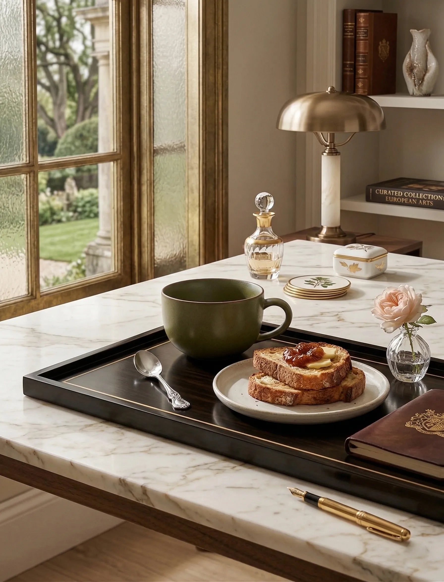 SaraGaia latte mug on a luxury breakfast tray with toast and tea. Premium lifestyle setting.