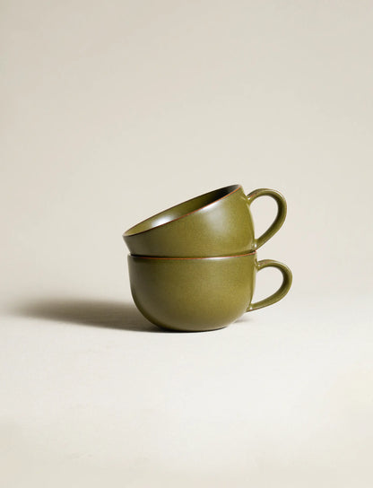 Two wide-mouth SaraGaia mugs stacked. Sturdy artisanal design.
