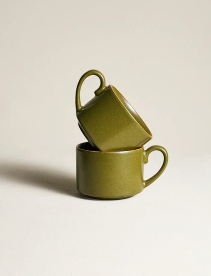 Two SaraGaia espresso cups stacked. Handcrafted mineral glaze finish.