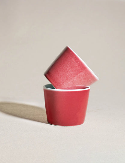 Two 6.8oz SaraGaia cups in an asymmetric stack. Unique handcrafted finish.